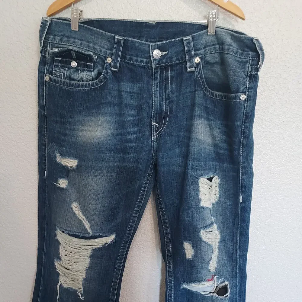 True Religion Distressed Straight Leg Blue Jeans Size 38